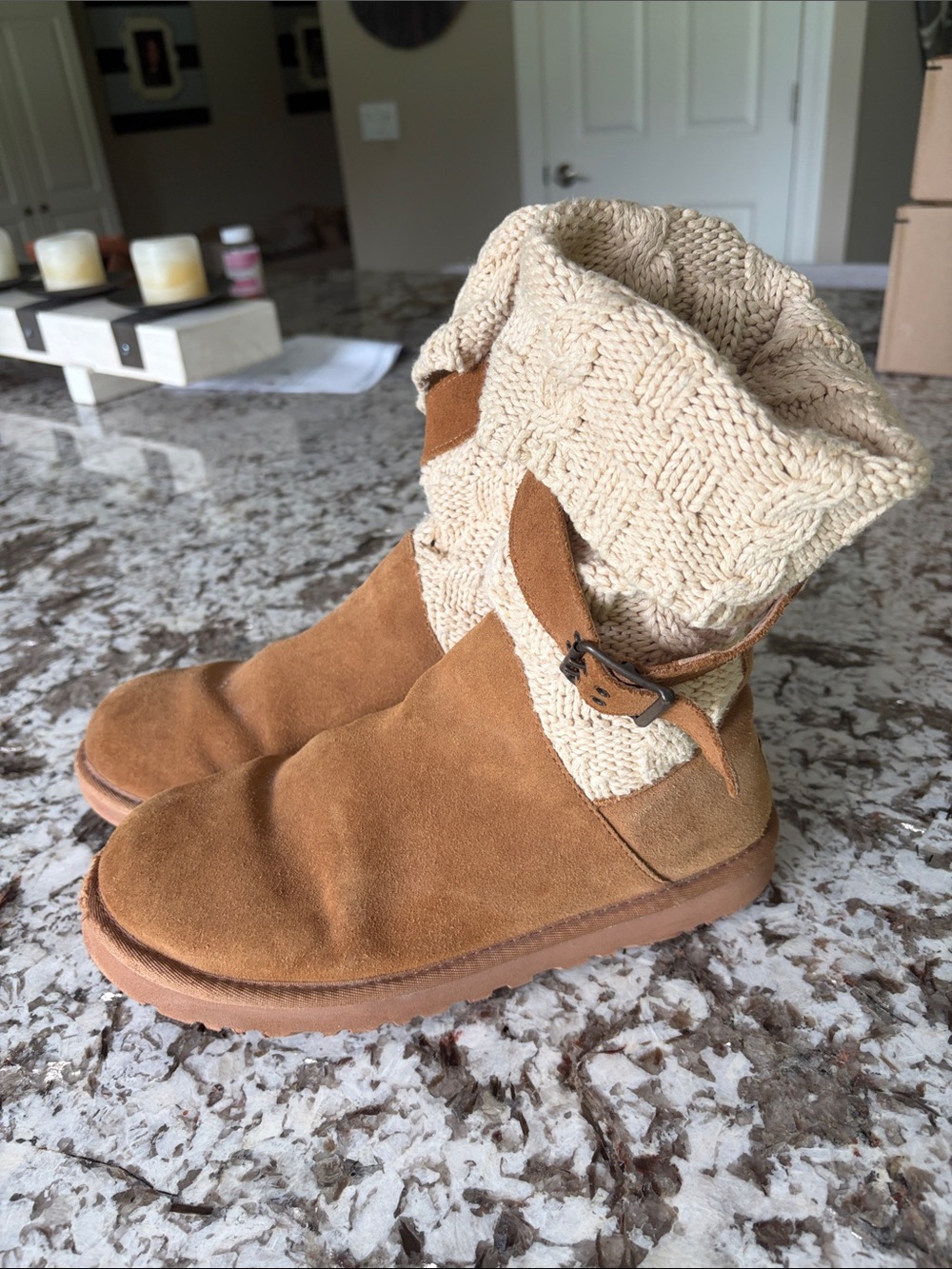 Knit-Top Suede Boots in Camel